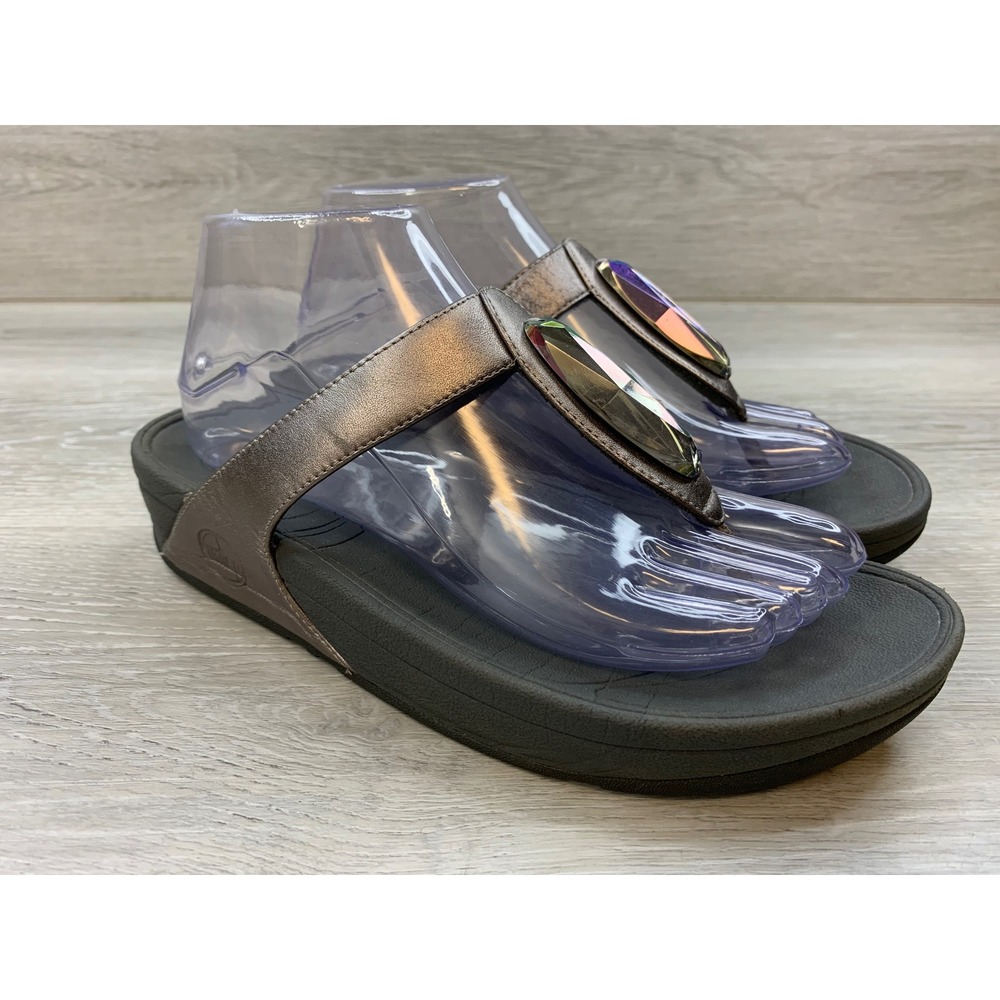 FitFlop Flare Pebble Pewter Metallic Leather Crystal Sandals Women's 8 Shoes